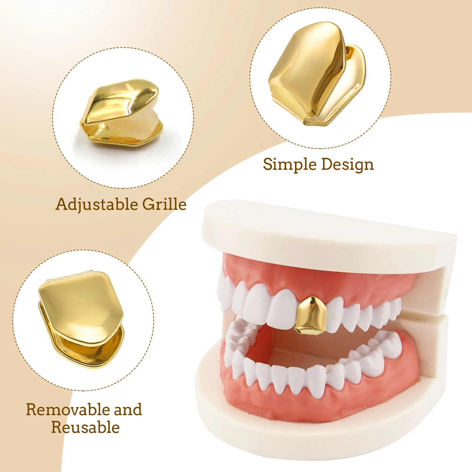 Unisex Trendy Hiphop Tooth Cap Solid 14k Gold Plated Single Tooth Grill for Hip Hop Fashion Accessory