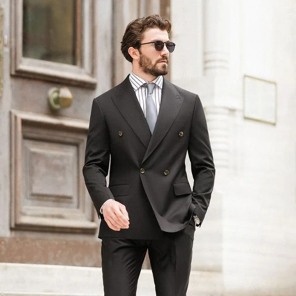 

Elegant Black Male Suit Classic Peak Lapel Double Breasted Outfits Smart Casual Formal Wedding Tuxedo 2 Piece Blazer with Pants