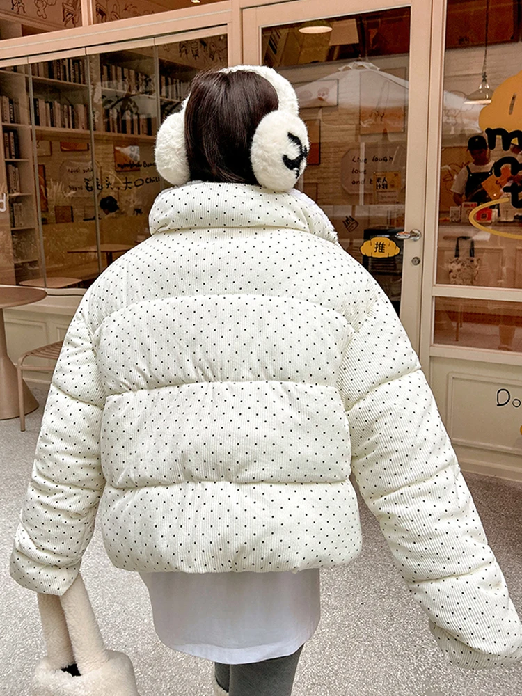 Sweet Polka Dot Corduroy Parkas Women Vintage Thick Warm Winter Cotton Coat Korean Loose Long Sleeve Female Elegant Jacket Tops
