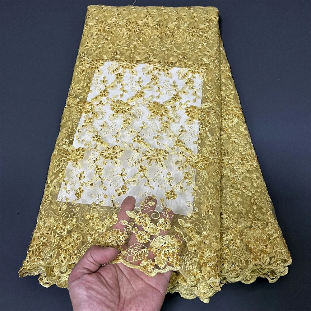 

African Nigerian Tulle Lace Fabric,High Quality，Sequins EmbroideryBeaded, French GuipureWedding Party Dress, 5Yards, 2024