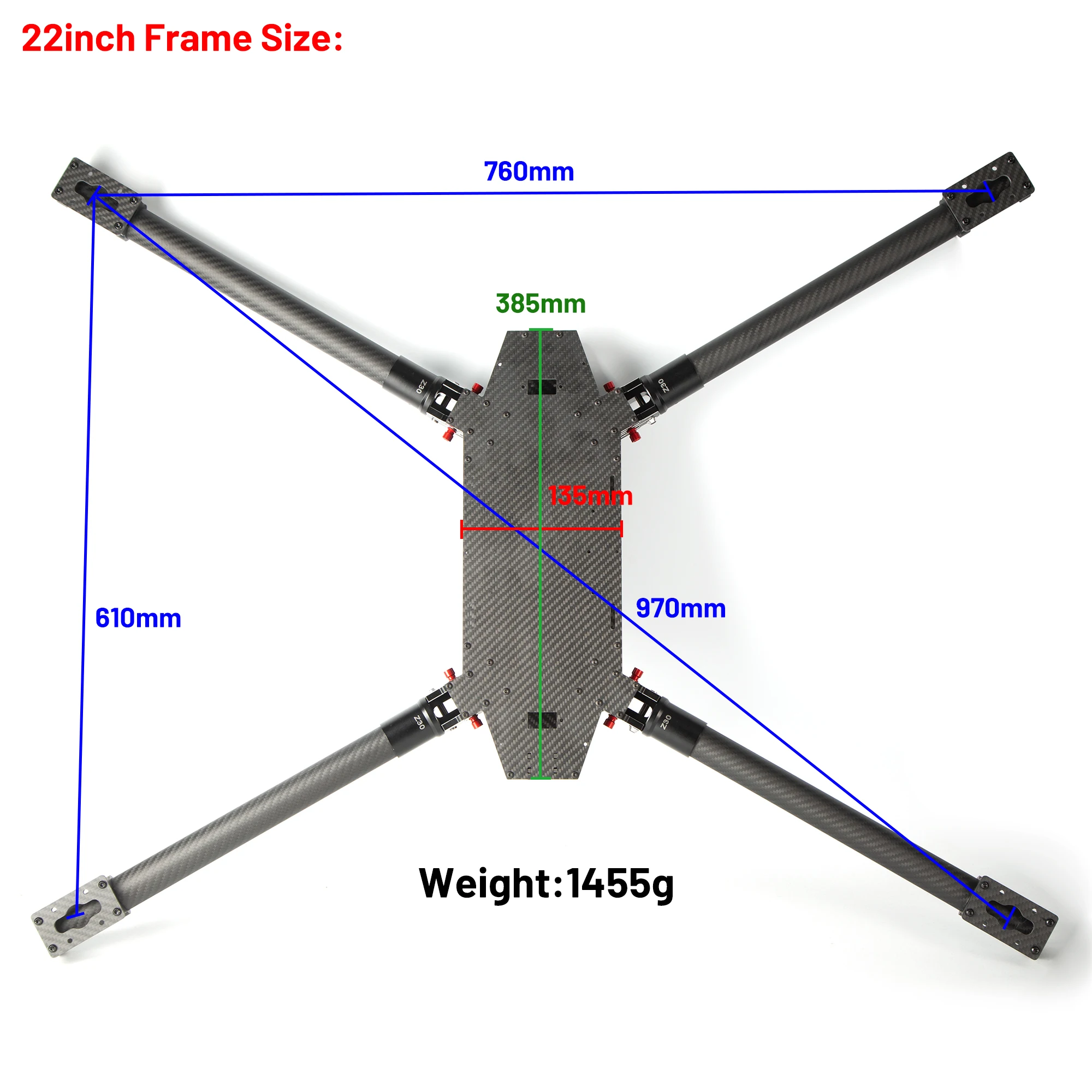 22Inch 970mm Wheelbase Carbon Fiber Foldable FPV Drone Frame Kit Heavy Payload Quadcopter Frame for 6220/5315 Motor