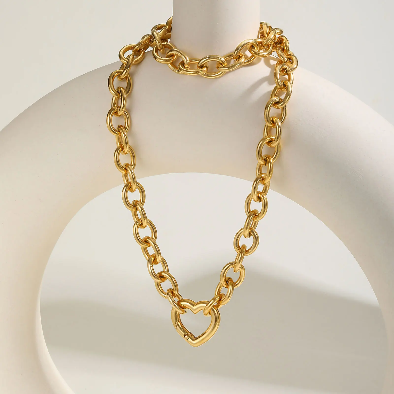 Gold Stainless Steel Oval Rolo Link Chain Heart Tag Pendant Necklace Charm Bracelet 8mm Wide For Women Mens GANY2029