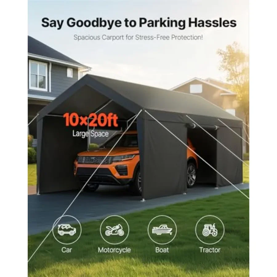 Carport canopy for outdoor vehicle storage, heavy-duty polyethylene, gray, upgraded roll-up windows and removable sidewalls for