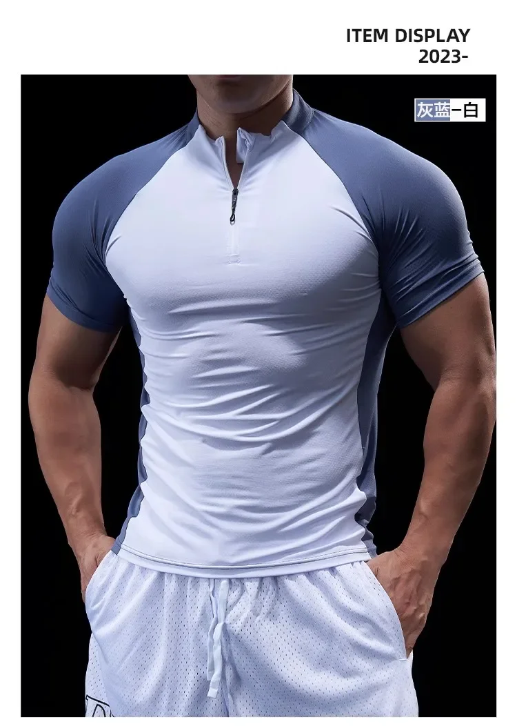 Men Compression Running Zipper Polo T Shirt Fitness Tight Sport Tshirt Training Jogging Shirts Gym Elastic Quick Dry Rashgard