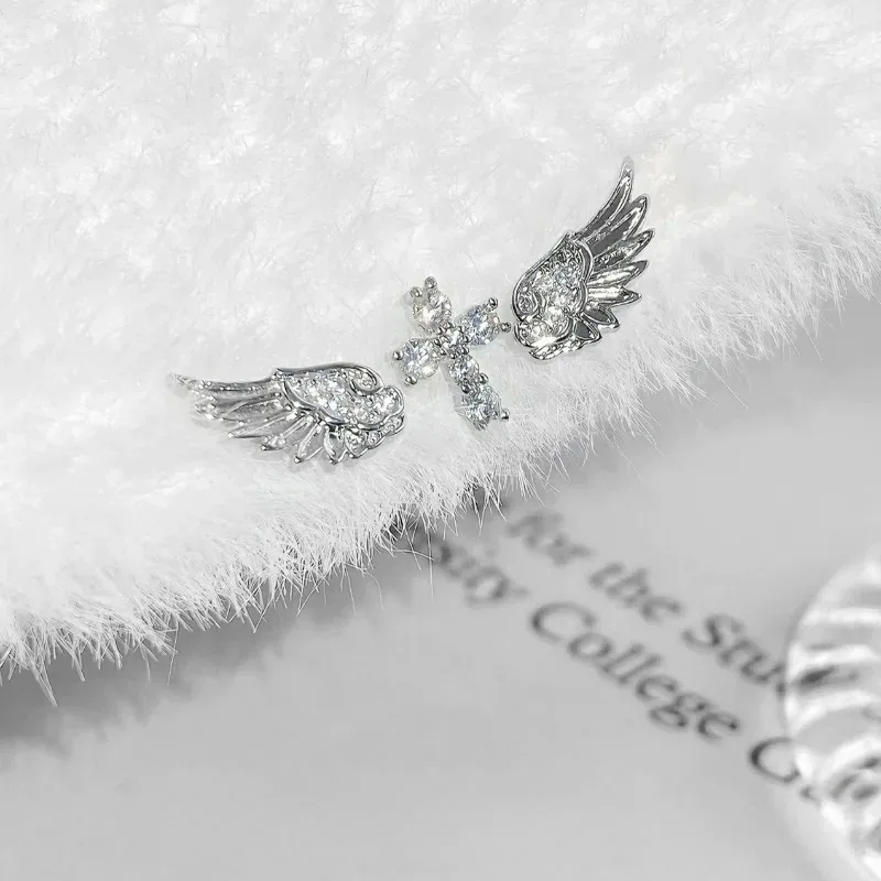 3Pcs Set Shiny Angel Wings Ear Studs Women Vintage Couple Creative Luxury Crystal Geometric Personality Cross Earrings Jewelry