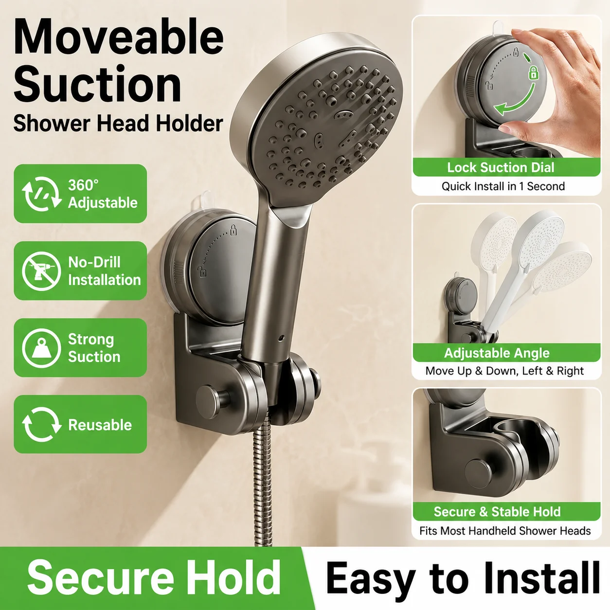 Removable Suction Cup Shower Head Holder Wall Mounted Handheld Shower Bracket No Drill Large Shower Support Bathroom Accessory