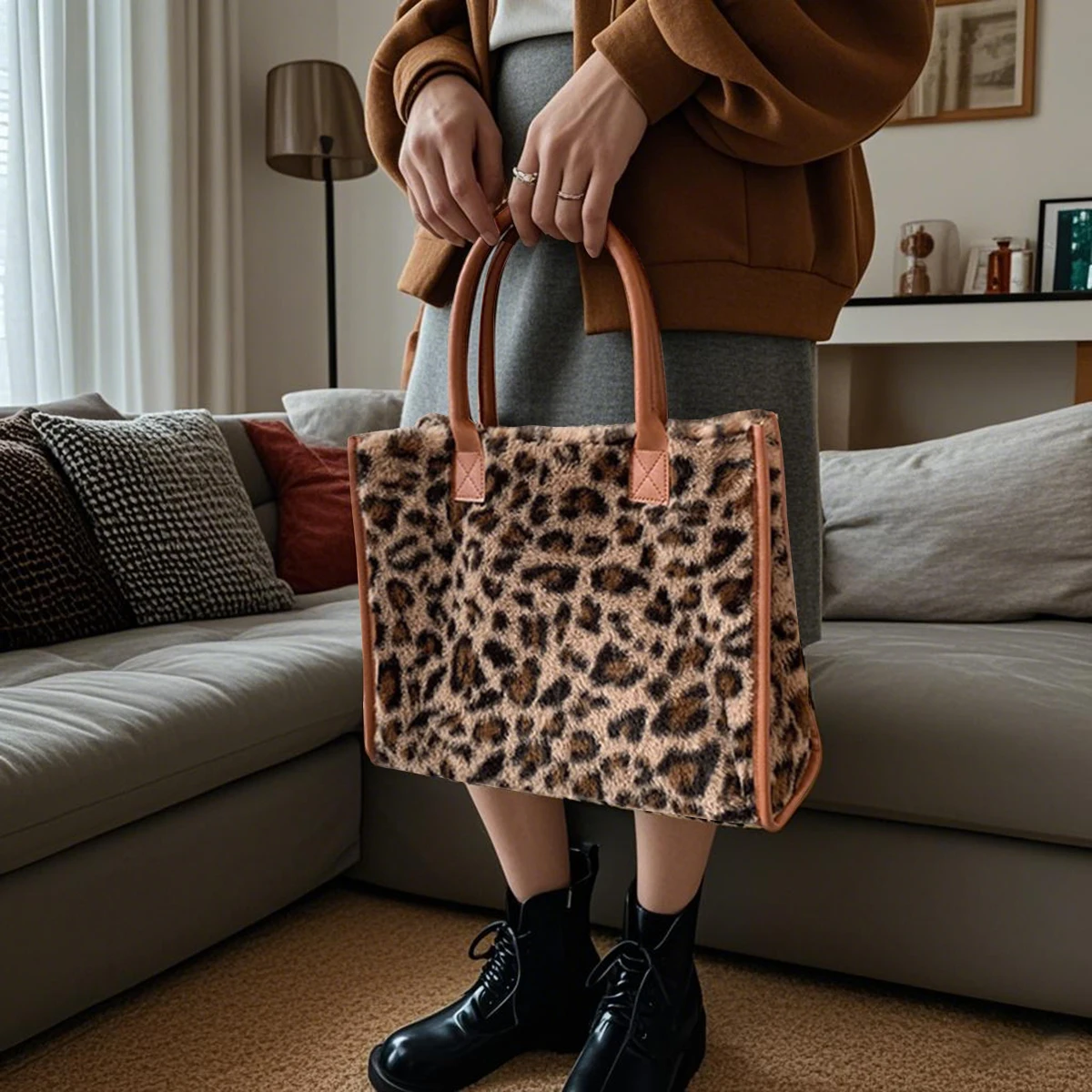 Yellow Bottom Leopard Print Fashion Autumn and Winter All Fashion Plush Female Tote Bag Shoulder Bag Exquisite Handbag a Pack
