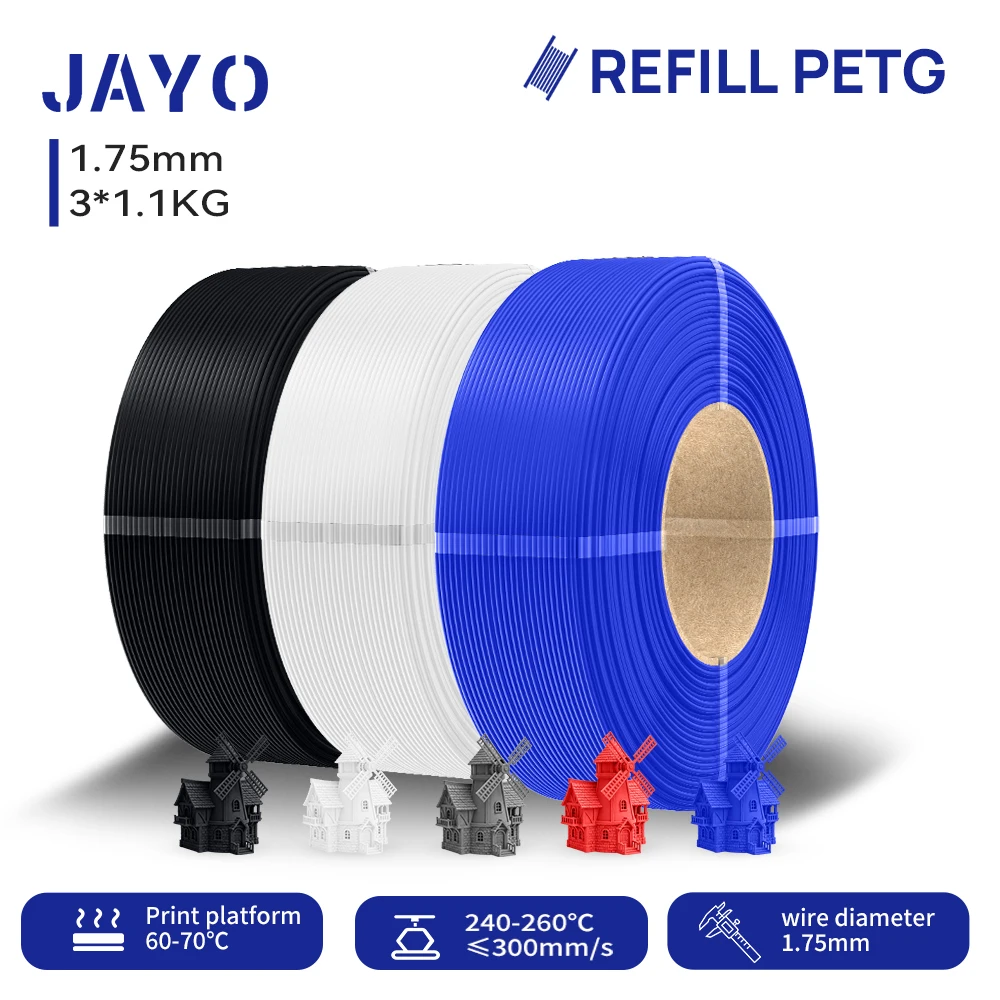 JAYO 3,3KG Nachfüll-PETG-Filament 1,75mm Nachfüll-3D-Drucker-Filament geeignet für Bambu Lab Filament & ungiftige wiederverwendbare Spulen 1,1KG/Rolle