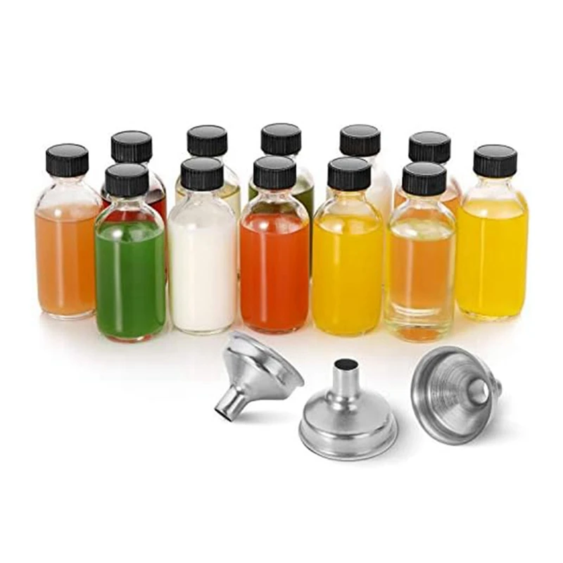 12Piece Glass Bottles With Lids & 3 Funnels - 60Ml Bottles 2 Oz Small For Juice Ginger Shots, Whiskey,