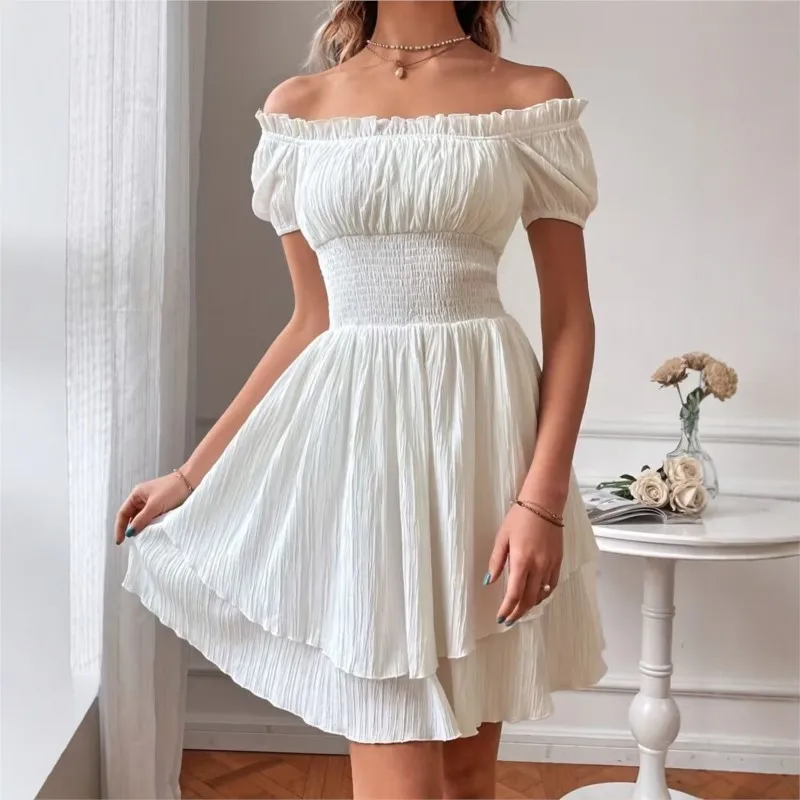 

2026 Summer New Fashion Mini Dresses for Women Short Sleeve Folds Casual Solid Ruffle Off-shoulder Party Dress Beach Streetwear