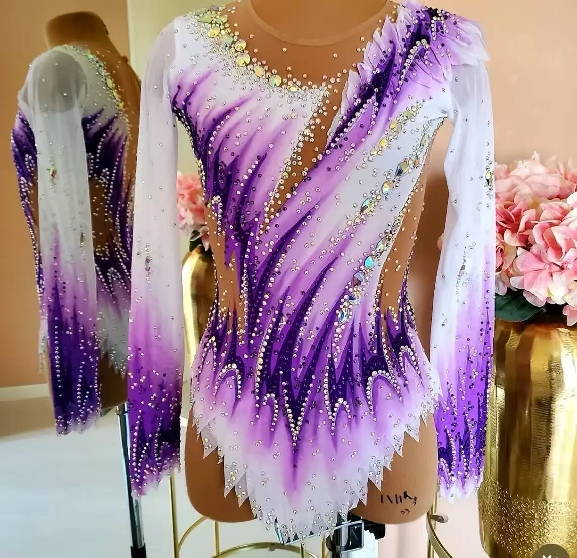 Girls Purple White Rhythmic Gymnastics Leotard Long Sleeve Rhinestone Nude Mesh Figure Skating Dress Kids Competition Dance Suit