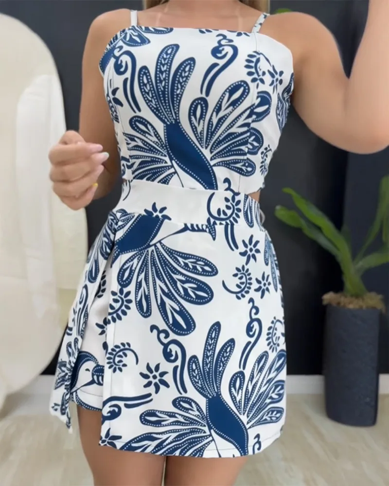 summer women Rompers fashion Tropical Plants Print Square Neck Backless Romper Elastic Waist Back Side Slit Short Jumpsuit