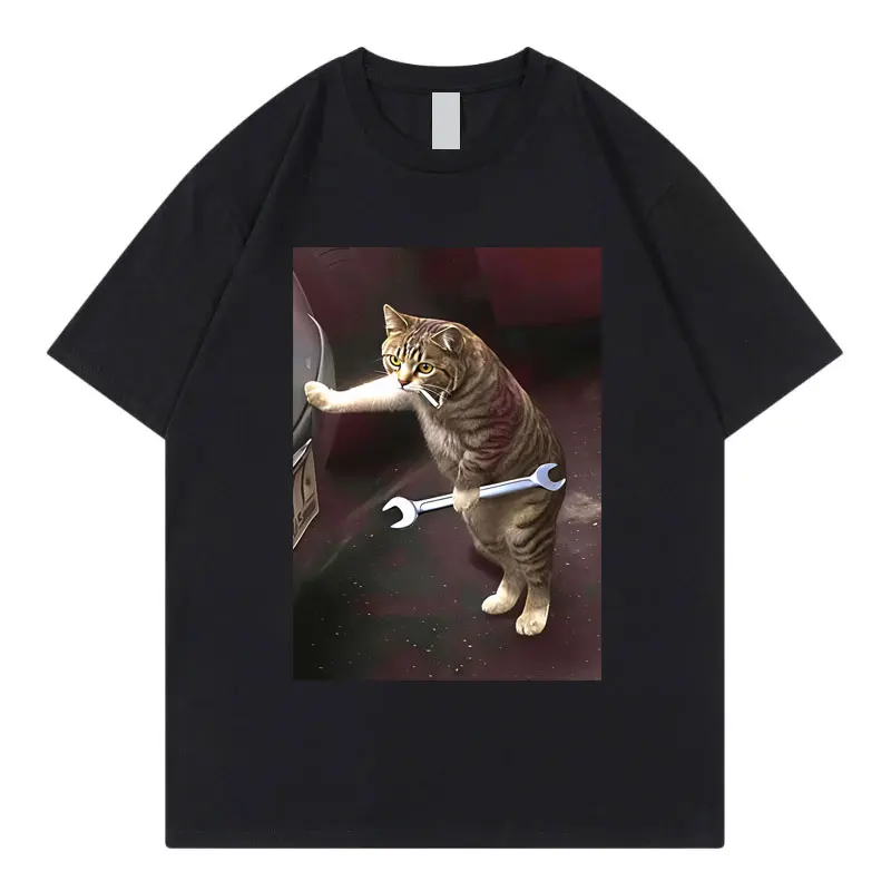 Mechanic Cat Meme Funny Smoking Feline Graphic T Shirts Fashion Vintage Short Sleeve T-shirts Unisex Casual Loose Cotton T-shirt