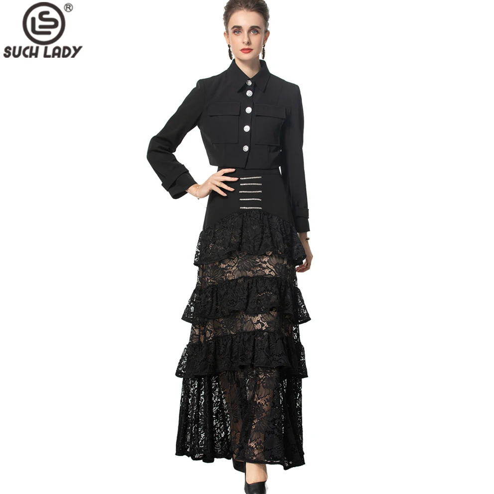 Women's Two Piece Dress Sets Turn Down Collar Long Sleeves Blouse with Tiered Lace Skirts Fashion Twinsets