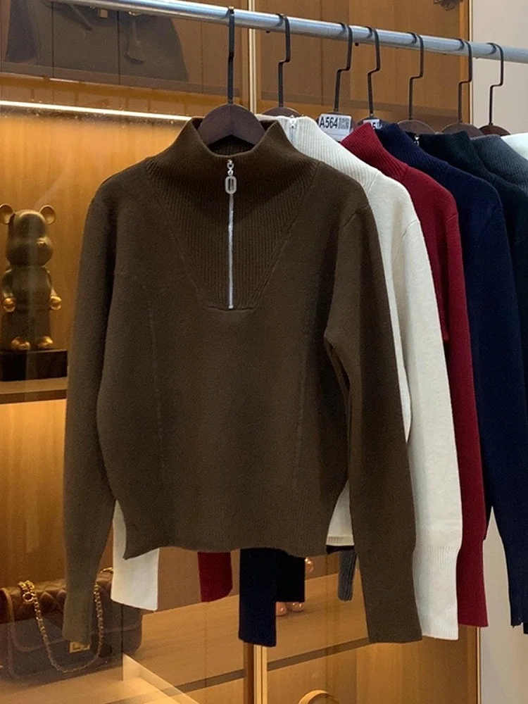 Faionable Strickpullover für Damen, mit Reißverschluss, Umlegekragen, schlankmachende Overhead-Innenbekleidung, Winter 2024, lockere Passform, lang, Sve