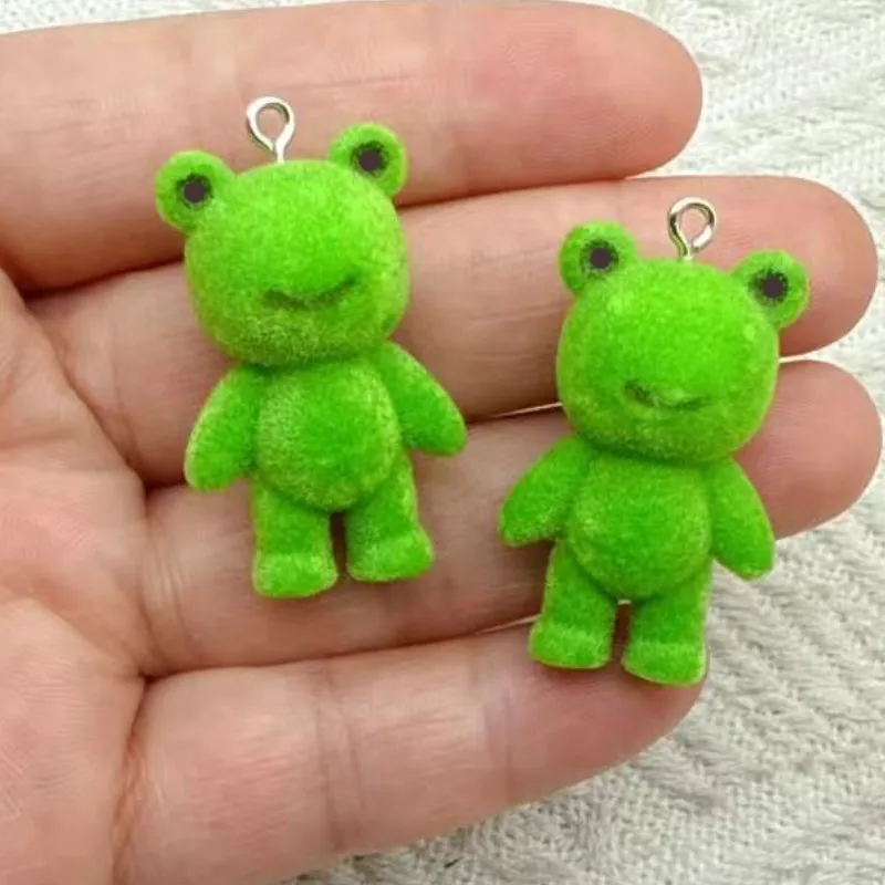 

5pcs 3D Flocking Resin Cute Green Frog Doll Cartoon Animal Charms For Keychain Necklace Earrings Making DIY Jewelry Accessories