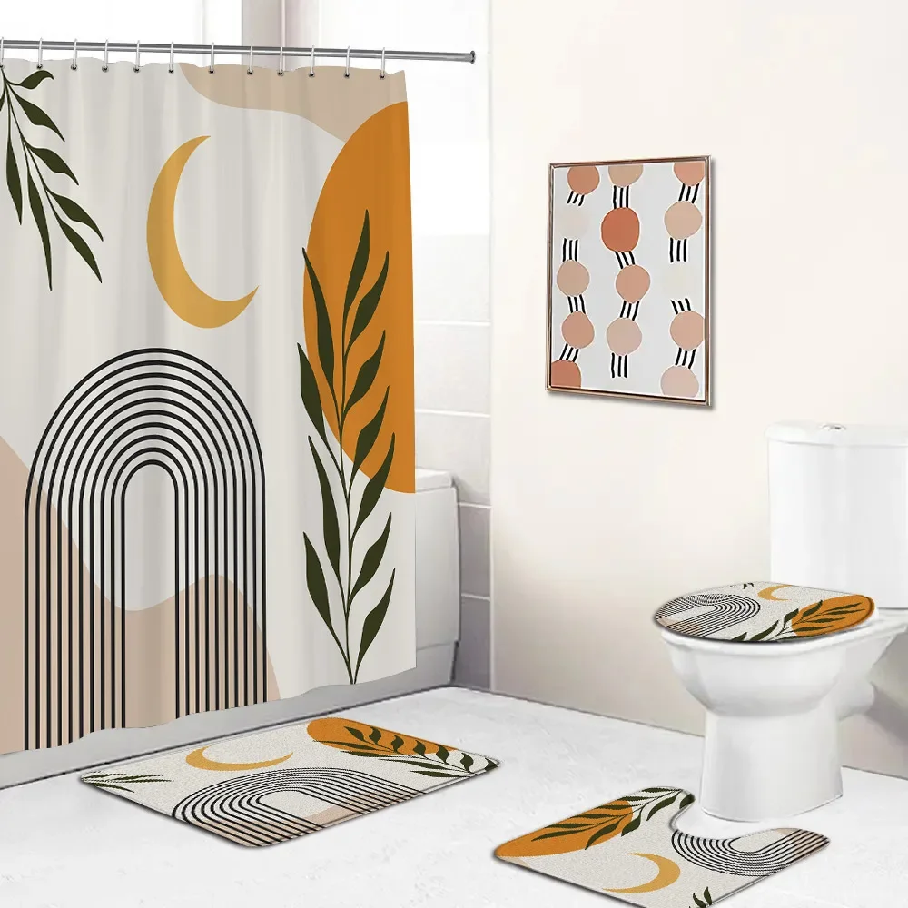 Abstract Mid-century Bath Curtain Set Green Leaves Nordic Minimalist Bathroom Decoration Bath  Mat Home Carpet Toilet Lid Cover