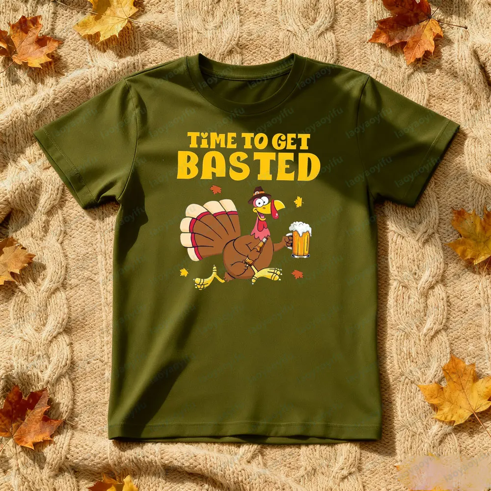 حان الوقت للحصول على قميص عيد الشكر تركيا البيرة المحملة مضحك الشكر رجل تي شيرت عيد الشكر عشاء حزب قصيرة الأكمام