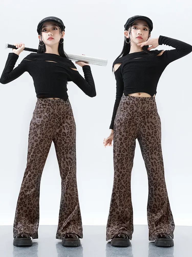 Mädchen Hip Hop Kleidung Schwarz Tops Streetwear Leopardenmuster Hosen für Kinder Tanzkostüm Kleidung