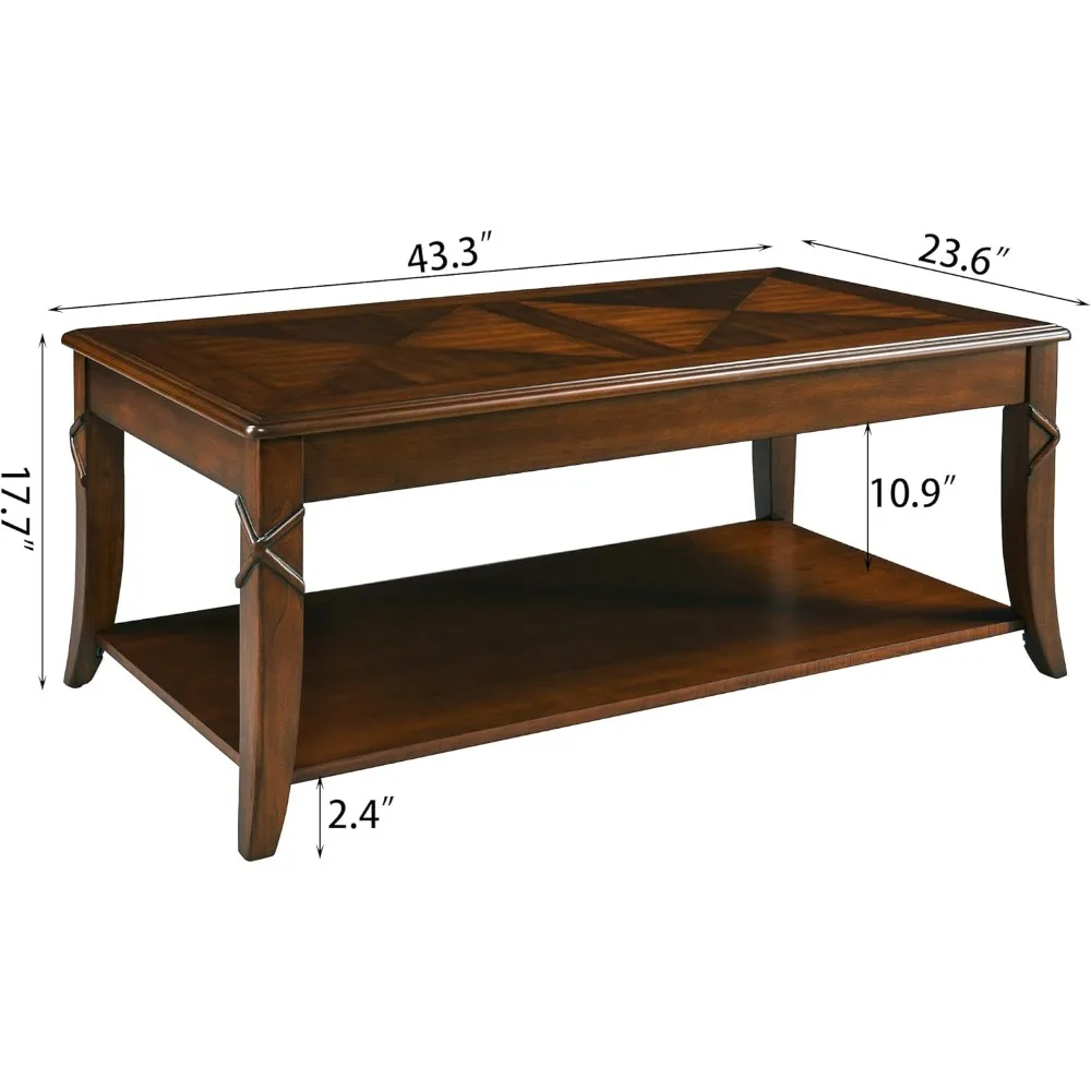 Solid Wood Coffee Table with Storage Shelf, Mid-Century Living Room Tables with Carved Tabletop and Leg, 43.3” Splicing Cocktail