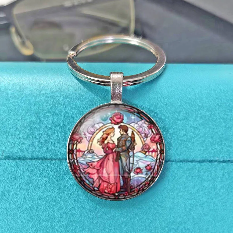 Exquisite And Elegant Romantic Dancing Couple Stained Glass Cabochon Keychain, Rose Floral Lovers Round Glass Keyring Gift