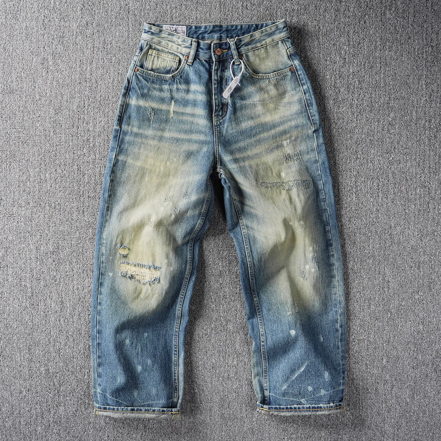 Heavy craftsmanship, vintage, washed, scratched, hole-patched, paint-dotted jeans for men, loose straight high street trousers