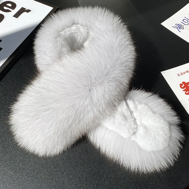 Winter Fox Fur Collar 100% Real Fur Scarf Women Natural White Collar Warm Genuine Hoods Large Fur Scarves Furry Collar Fully