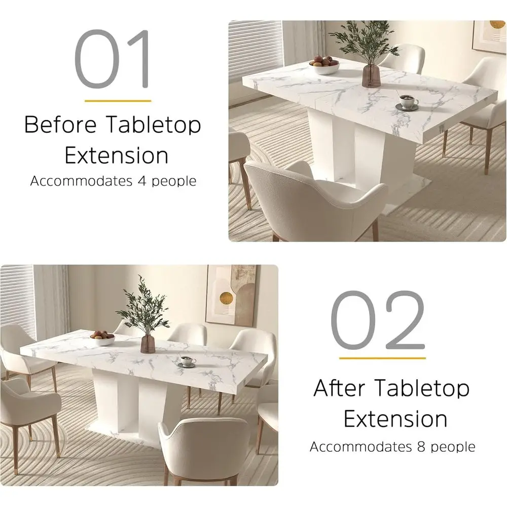 طاولة طعام رخامية كبيرة قابلة للتوسيع تتسع لـ 6-10 أشخاص مع قاعدة خشبية مزدوجة العمود #6