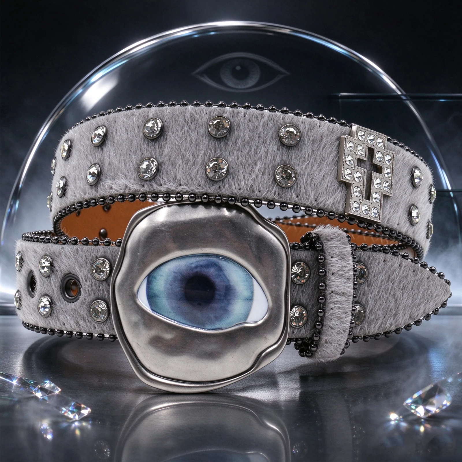 Western Cowgirl Punk Horse Hair Belt Eyeball Metal Buckle Bling Rhinestone Cross Studded Adjustable Belt