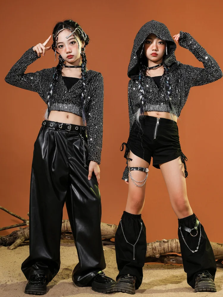 หญิงแจ๊สHip Hop Danceเครื่องแต่งกายเลื่อมHooded Jacketกางเกงหนังเด็กHoodieกางเกงขาสั้นชุดเวทีแฟชั่นแสดงเสื้อผ้า