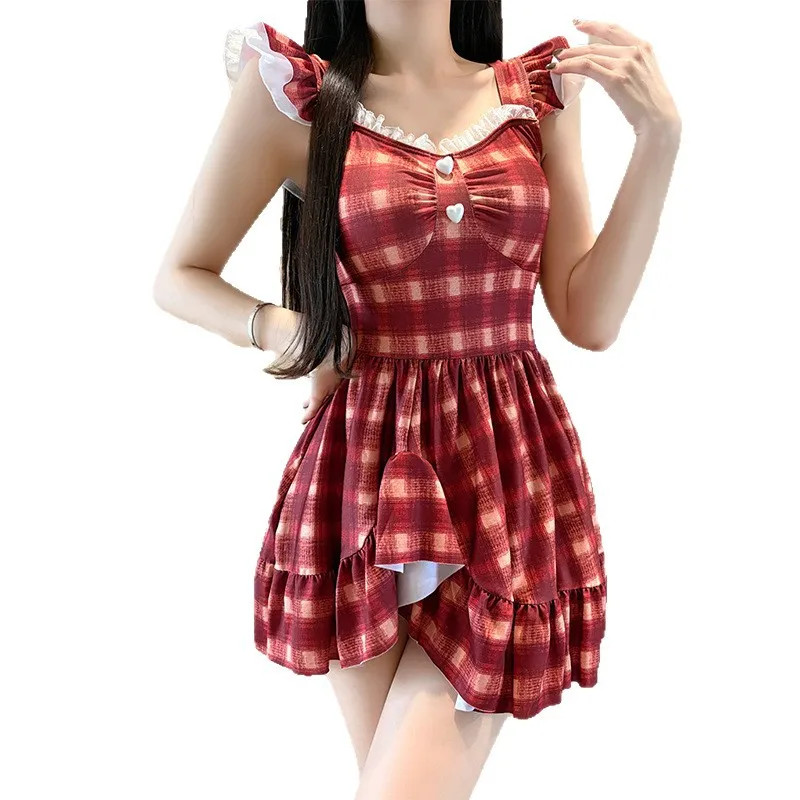 섹시한 한국 패션 러플 화이트 레이스 수영복 원피스 체크 무늬 불규칙 미니 드레스 큐롯 비키니 패드 수영복 탱키니