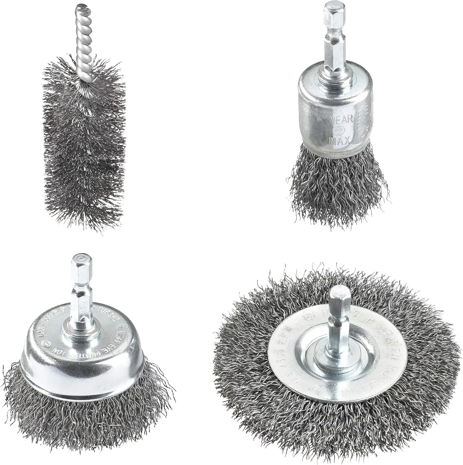 kwb 597530 wire brush set for drills with E 6.3 socket made of steel wire, attachments for cordless screwdrivers for metal, e.g. as rust removal or paint remover