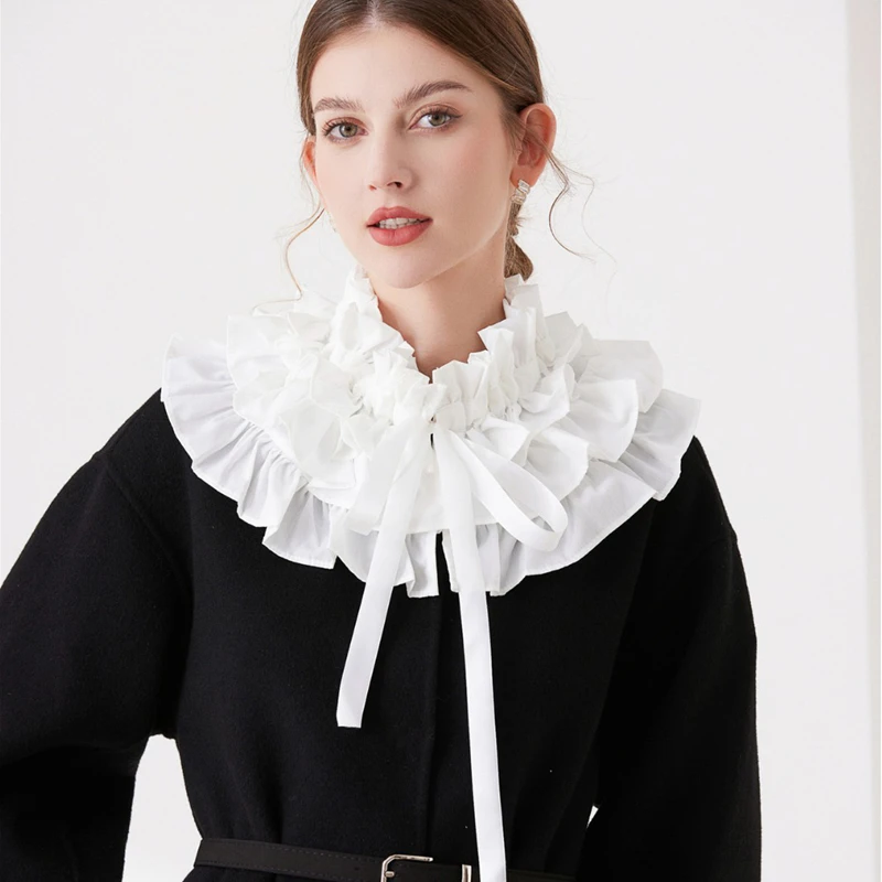 Women Mesh Puffy Tulle Ruffled Fake Collar Layered Black White Ribbon Neck Ruff Shawl Palace Costume Decorative Collar