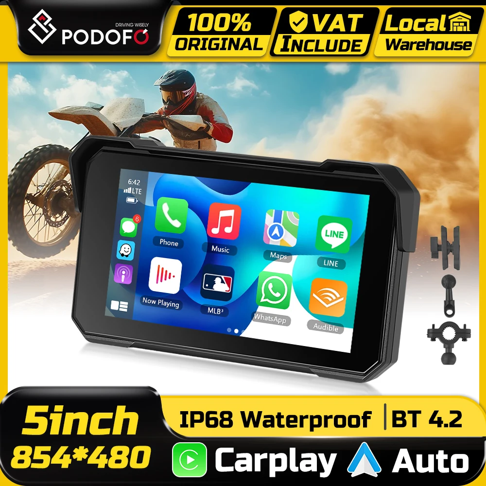 Podofo 5 Zoll Carplay Motorrad-Armaturenbrett Universeller Smart-Player Android Tragbarer Auto-Monitor IP68 Wasserdichtes Reifendruck-Überwachungssystem