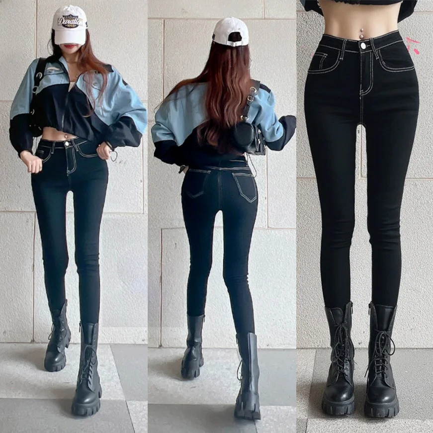 Stylish Slimming High Waist Pencil Jeans Fashionable Korean Version Tight Fit Clear Stitching mid High Waist Slimming Jeans