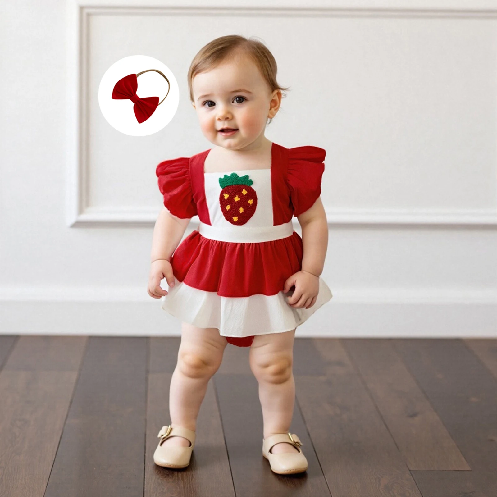 

Одежда для малышей, летние наряды для девочек, комбинезон без рукавов с рюшами и клубничной вышивкой и повязкой на голову, комплект одежды для новорожденных