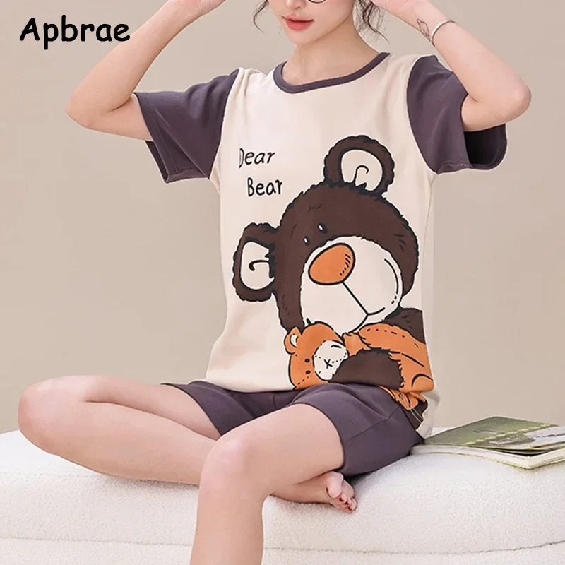 Apbrae Summer Cotton Short Sleeve Pajamas for Women Cute Cartoon Pajama Fashion Sleepwear Woman Pyjamas Ladies Loungewear