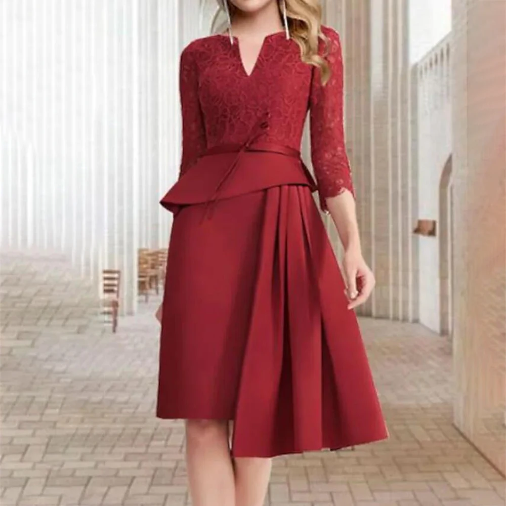 

UETEEY Burgundy Mother Of The Bride Dress Lace Applique Wedding Party Dresses 3/4 Sleeves Elegant Jewel Neck Wedding Guest Gowns