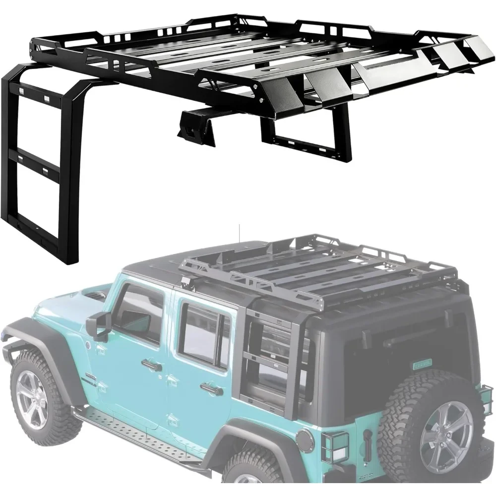 Roof Rack Cargo Carrier w/2 Ladders Compatible with 2007-2018 Jeep Wrangler JK 300LBS Utility Rooftop Rack Extra Cargo Space Ba