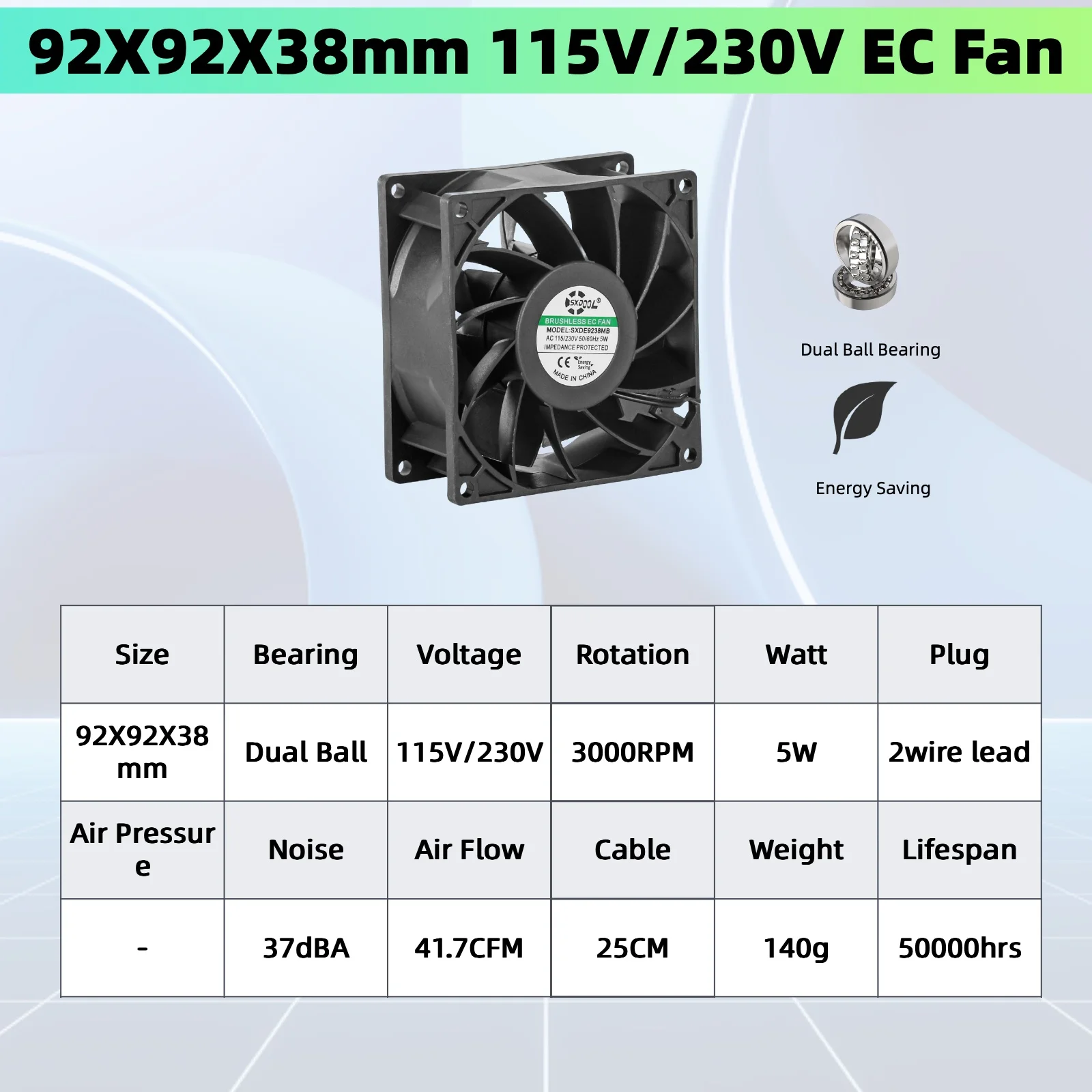 SXDOOL EC 115V 230V Cooling Fan Series - 60mm, 70mm, 80mm, 90mm, 120mm, 172mm Energy Efficient Brushless Fan Dual Ball Bearings