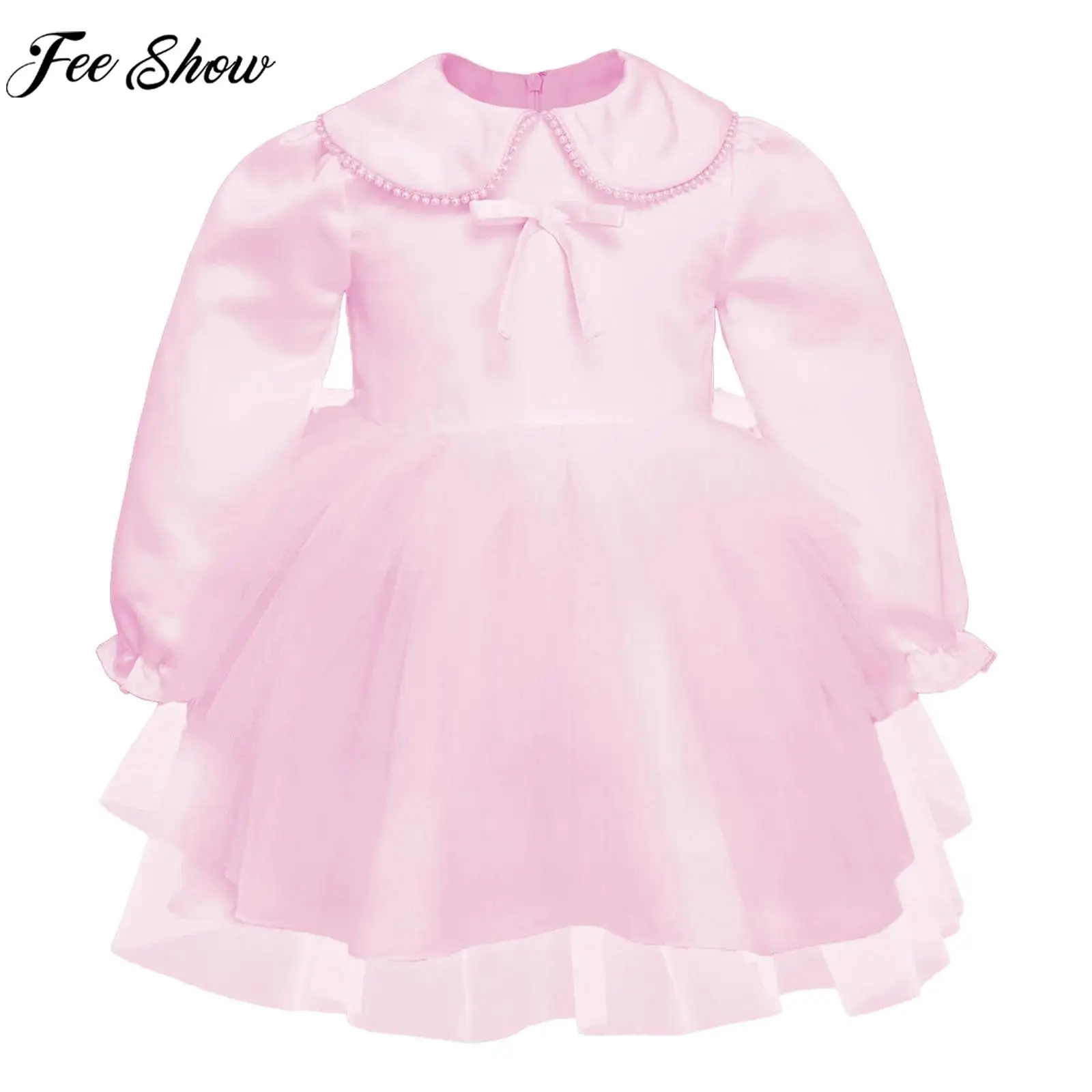 

Многослойное тюлевое платье принцессы для маленьких девочек, бальное платье-пачка на молнии с длинными рукавами и бантом для крещения, свадьбы, дня рождения