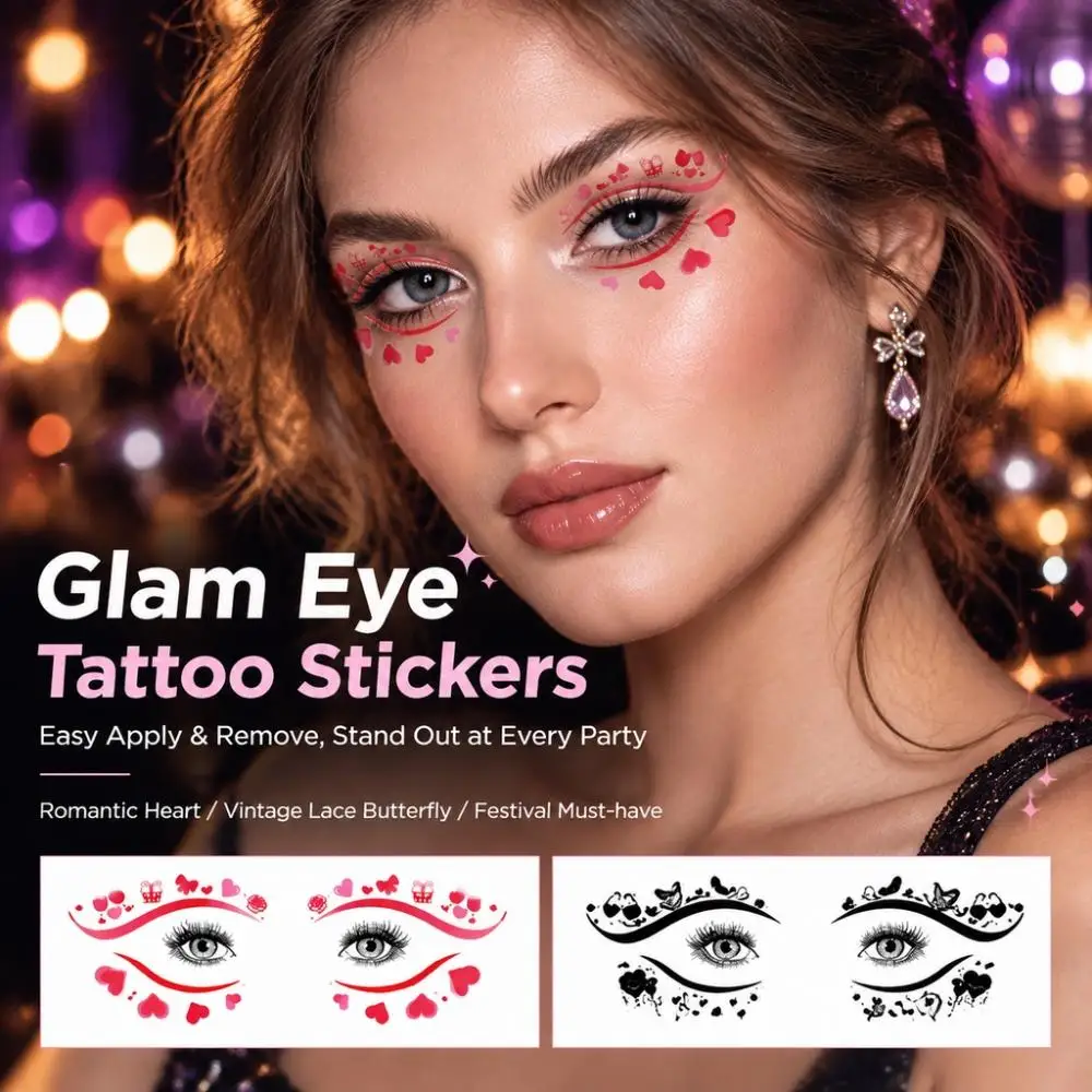 Temporary Eye Tattoo Stickers, Waterproof Lace Eye Temporary Tattoos, Floral Heart Eyeliner Face Decals for Parties and Festivals