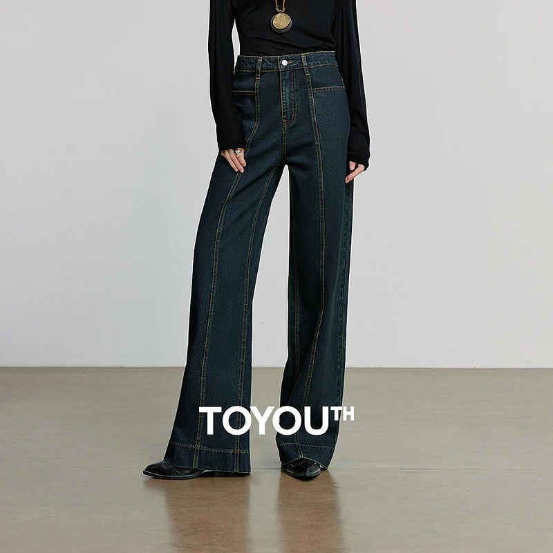 TOYOUTH جينز حريمي 2025 خريف جديد قطن سبليت تصميم واسع الساق الموز السراويل تفكيك السراويل الطويلة