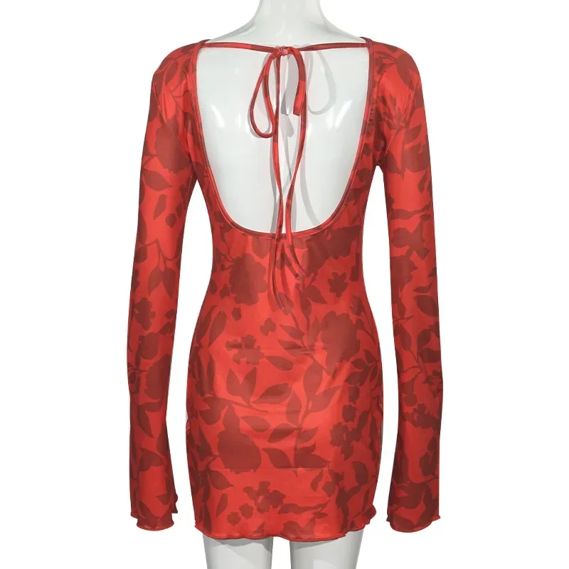 فستان Bangniweigou بدون ظهر مطبوع عليه زهور وردية صغيرة للنساء بأكمام كاملة يناسب الجميع رداء أحمر صغير أنيق