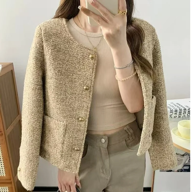 

Тканое пальто женское, весна-осень 2023, высококачественный топ небольшого размера с мягкой подкладкой и волнистыми плечами Ele Top