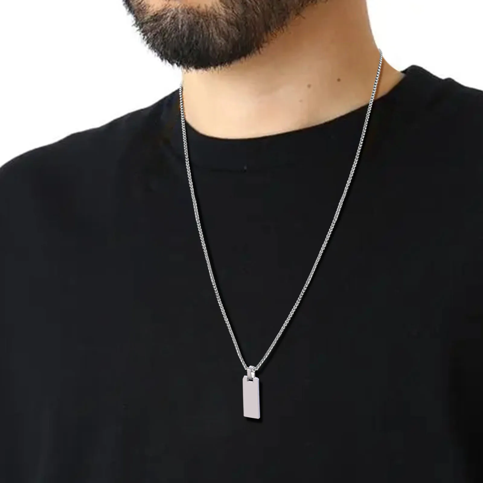 Vnox Free Customize Initial Necklaces for Men Women, Black Stainless Steel Geometric Rectangle Pendant with Box Chain, Name Gift