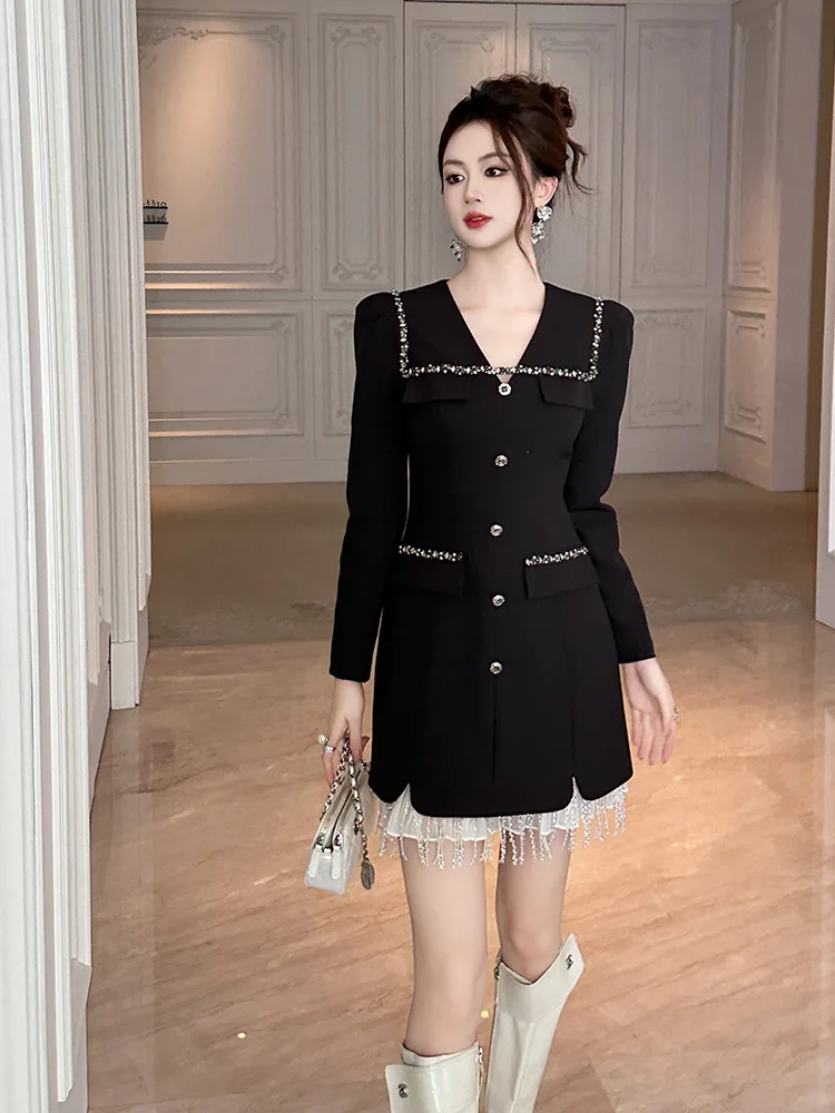 New Autumn and Winter Clothing for Women, Small Fragrant Style Square Collar, Diamond-Encrusted Slim Fit Fringed Dress