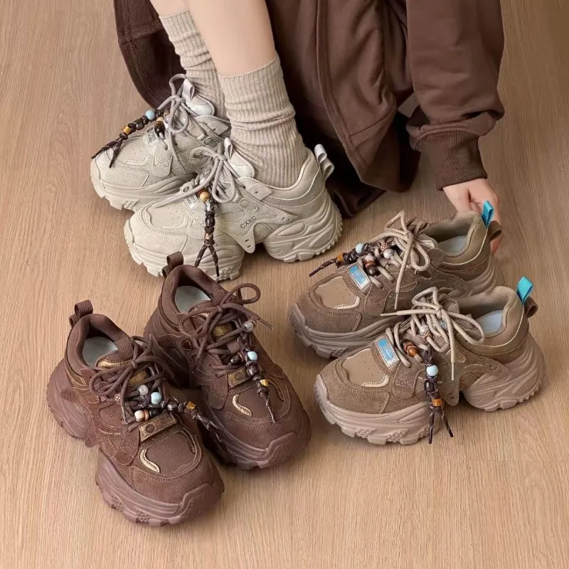 Leather dad shoes women's new spring autumn small man height increase 5cm casual light feet small sports sneakers good-quality