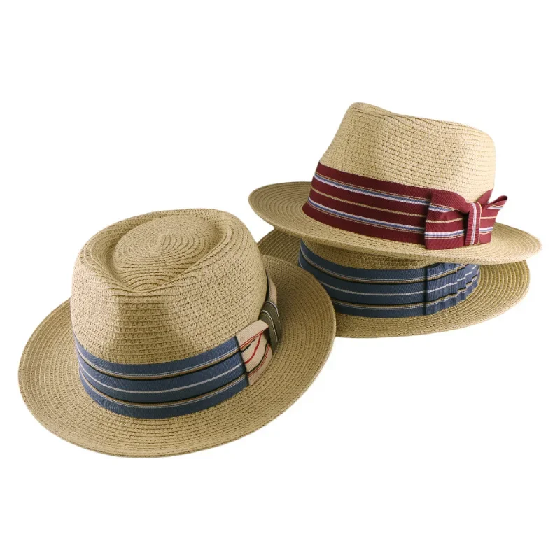 

S/S Новая соломенная шляпа Fedora с широкой полосатой лентой, тканая шляпа от солнца для мужчин и женщин