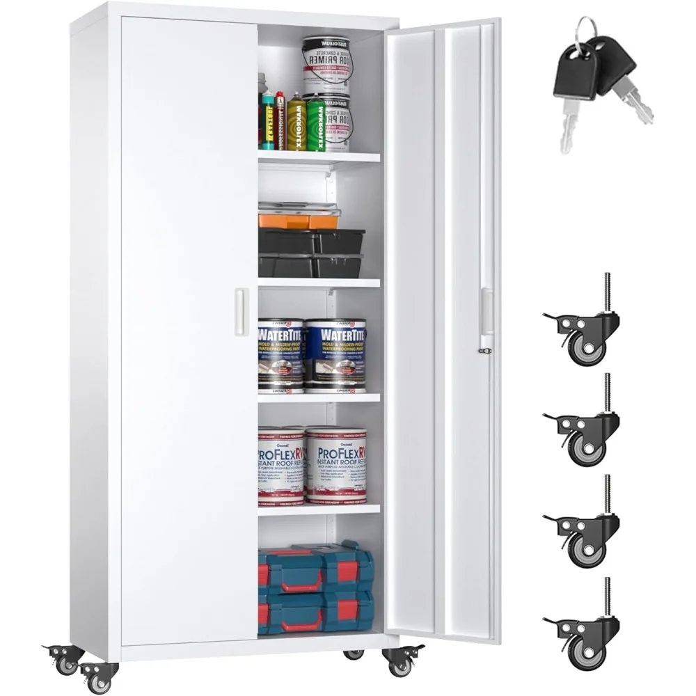 خزانة تخزين معدنية مقاس 73 بوصة على عجلات، وخزانة تخزين جراج بعجلات و4 أرفف قابلة للتعديل، وخزائن متدحرجة #4